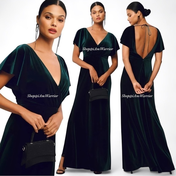 Anthropologie NWT Jenny Woo emerald flutter velvet gown *shop@iamwarrior - Picture 1 of 8